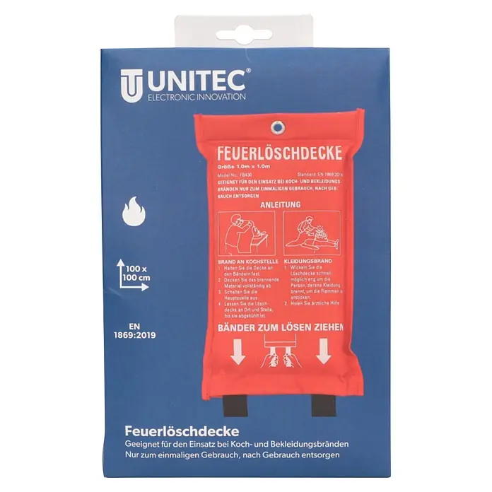 UniTEC Löschdecke - 100 x 100 cm - Rote Unitec Feuerlöschdecke, 1,0m x 1,0m, zum Löschen von Koch- und Kleidungsbränden. Inklusive Anleitung.