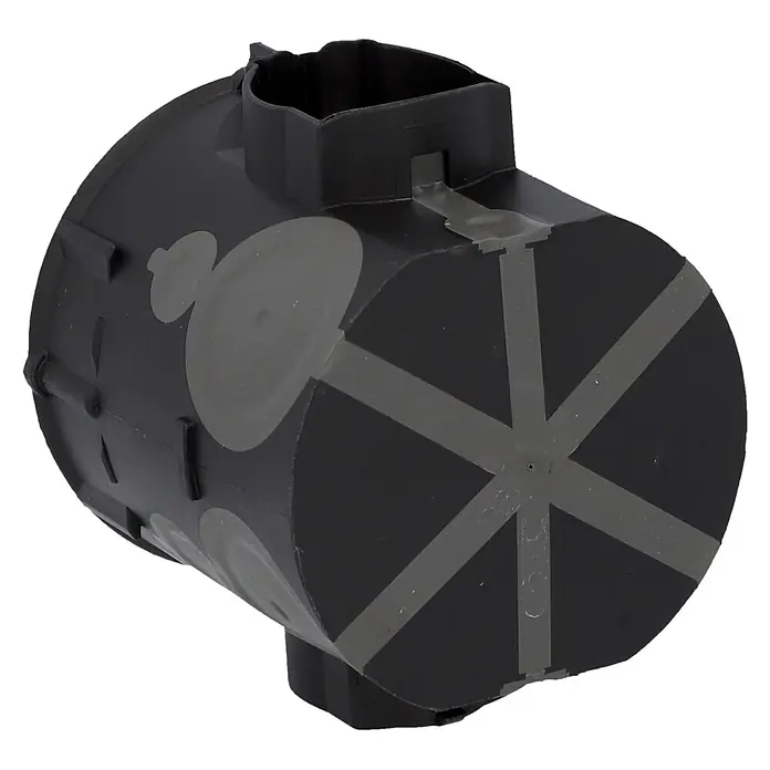 UniTEC Schalterdose - Ø x L: 60 x 65 mm, Mit Durchstoßmembran, Schwarz/Grau, Flammwidrig - Schwarzes zylindrisches Kunststoffteil mit rechteckiger Öffnung und sternförmiger Endfläche.