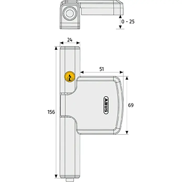Abus Fenster-Zusatzschloss FTS 206 - Weiß, 0 mm - 25 mm - Detailansicht eines ABUS Fenstergriffs mit Maßangaben für Montage und Design. Gezeigt werden Maße wie 156 mm Höhe und 51 mm Breite.