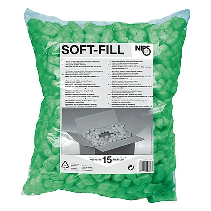Füllmaterial Soft-Fill - 15 l - Bild eines Beutels mit grünen SOFT-FILL Verpackungschips, ideal zum Schutz empfindlicher Gegenstände beim Versand.