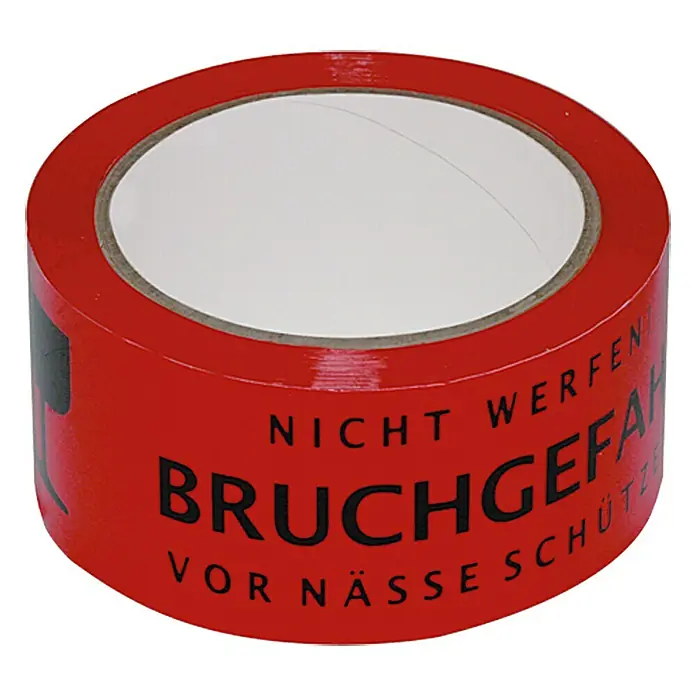 Signal-Klebeband Bruchgefahr! - Länge: 66 m, Polypropylen - Rote Warnbandrolle mit der Aufschrift "NICHT WERFEN BRUCHGEFAHR VOR NÄSSE SCHÜTZEN", ideal zum Sichern zerbrechlicher Güter während des Transports.