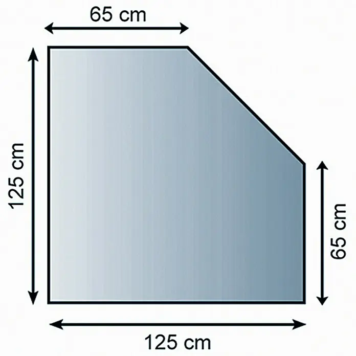 Lienbacher Glasbodenplatte - 125 x 125 cm, Fünfeckig - Abbildung eines trapezförmigen Produkts mit den Maßen 125 x 125 cm und einer oberen Breite von 65 cm.