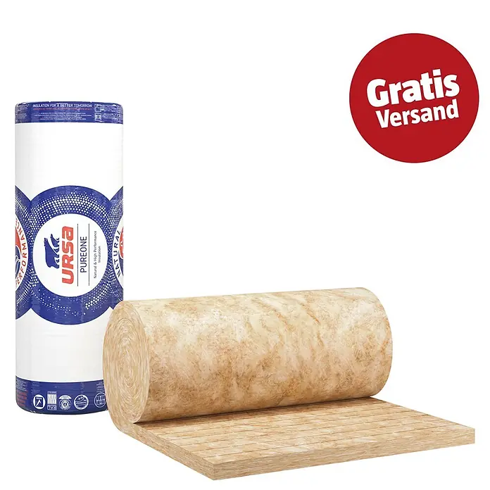 Ursa PureOne Untersparrenfilz USF 31 - 8.000 x 1.200 x 60 mm, Wärmeleitfähigkeit: 0,032 W/(mK) - URSA Pureone Dämmrolle und Dämmplatten mit Produktinformationen und rotem "Gratis Versand" Schild.