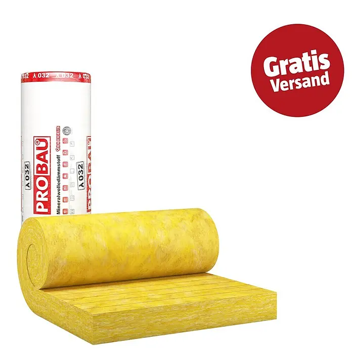 Probau Glaswolle Spannfilz SF 32 - Stärke: 220 mm, Wärmeleitfähigkeit: 0,032 W/(mK) - Gelbe Mineralwolldämmung, als Rolle abgerollt und ein flaches Stück, mit Markenverpackung und einem roten 'Gratis Versand' Aufkleber.