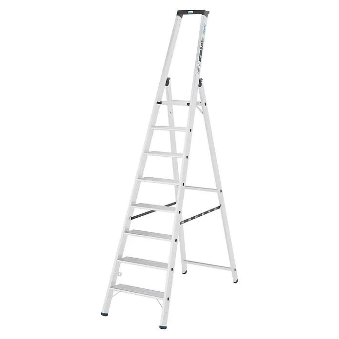 Krause Stehleiter XL 1x8 - Anzahl Tritte: 8 Stk., Arbeitshöhe: 275 cm, Belastbarkeit: 225 kg, Aluminium - Weiße Aluminium-Stehleiter mit schwarzen und blauen Akzenten.