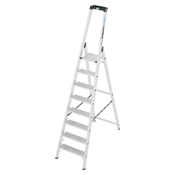 Krause Stehleiter XL 1x8 - Anzahl Tritte: 8 Stk., Arbeitshöhe: 275 cm, Belastbarkeit: 225 kg, Aluminium - Silberne Aluminium-Klappleiter mit schwarzem Haltegriff oben, mehreren Stufen und einer Plattform.