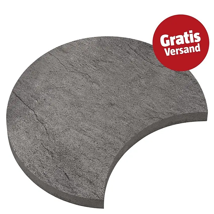 SAS Trittstein Luna - 34 x 47 x 3 cm, Anthrazit, Beton - Dunkelgrauer, mondförmiger Pflasterstein mit strukturierter Oberfläche und rotem "Gratis Versand" Etikett.