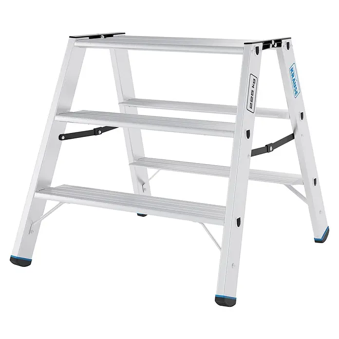 Krause Doppel-Klapptritt XL 2x3 - Anzahl Tritte: 6 Stk., Belastbarkeit: 225 kg, Aluminium - Silberne Aluminium-Trittleiter mit schwarzen Akzenten und blauen Füßen, KRAUSE-Branding, 225 kg Traglast.