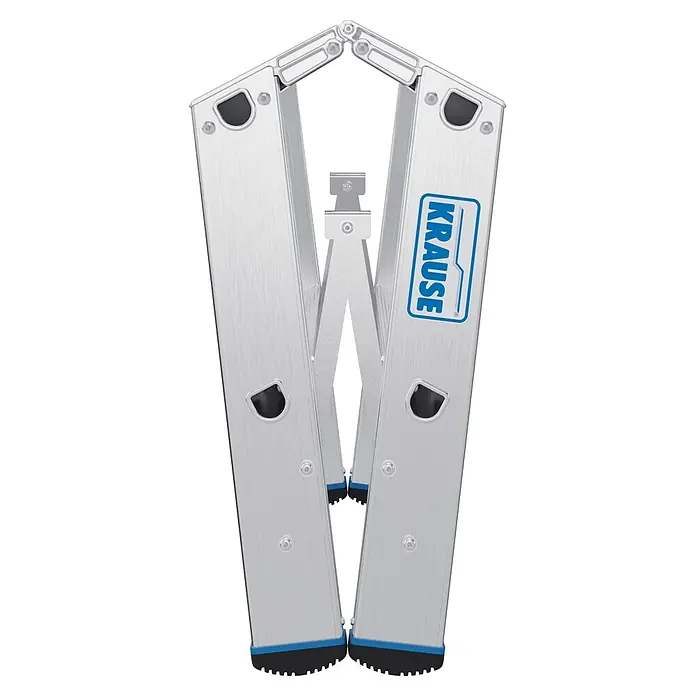 Krause Doppel-Klapptritt 80 2x2 Stufen - Anzahl Tritte: 4 Stk., Aluminium - Silberne Aluminium-Klappleiter mit blauen und schwarzen Akzenten, im A-Rahmen aufgestellt.