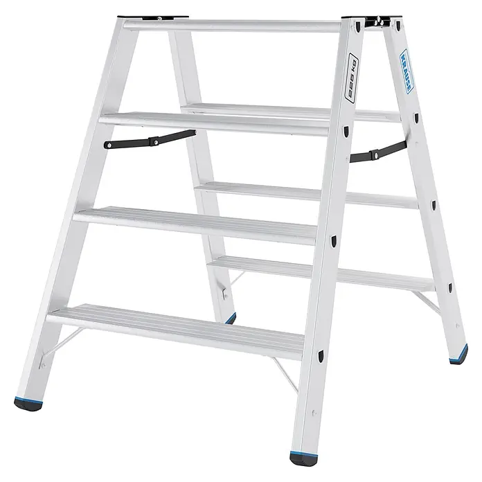 Krause Doppel-Klapptritt XL 2x4 - Anzahl Tritte: 8 Stk., Belastbarkeit: 225 kg, Aluminium - Silberne Aluminium-Klappleiter mit mehreren Stufen und blauen Füßen, für Stabilität konzipiert.