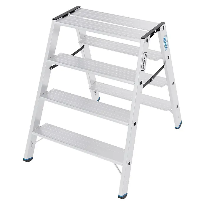 Krause Doppel-Klapptritt XL 2x4 - Anzahl Tritte: 8 Stk., Belastbarkeit: 225 kg, Aluminium - Silberne Aluminium-Klapptrittleiter mit schwarzen und blauen Akzenten, mehreren rutschfesten Stufen und 225 kg Tragfähigkeit.