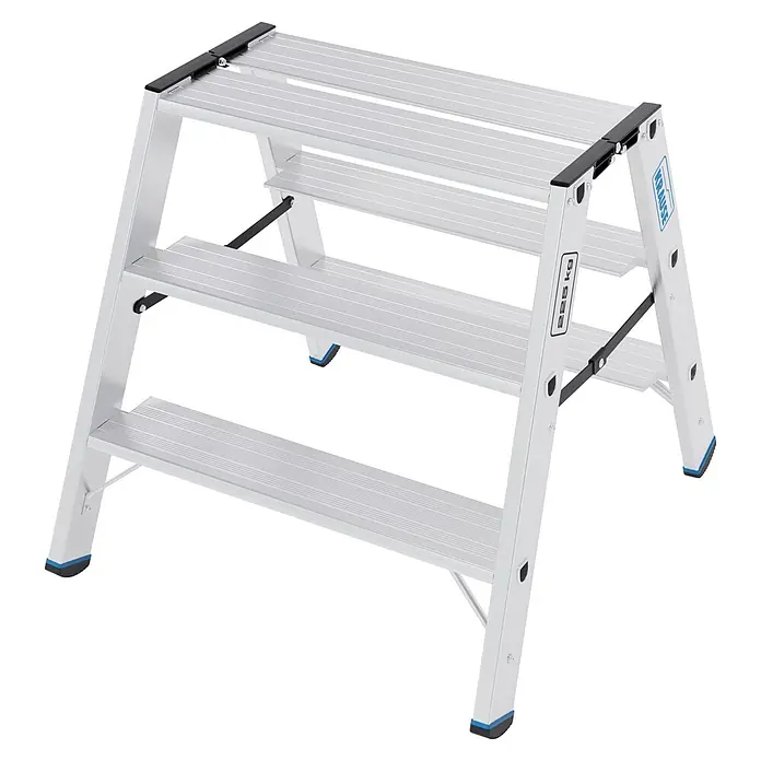 Krause Doppel-Klapptritt XL 2x3 - Anzahl Tritte: 6 Stk., Belastbarkeit: 225 kg, Aluminium - Dreistufige Aluminium-Klappleiter mit schwarzen und blauen Akzenten, zum sicheren Erreichen erhöhter Bereiche.