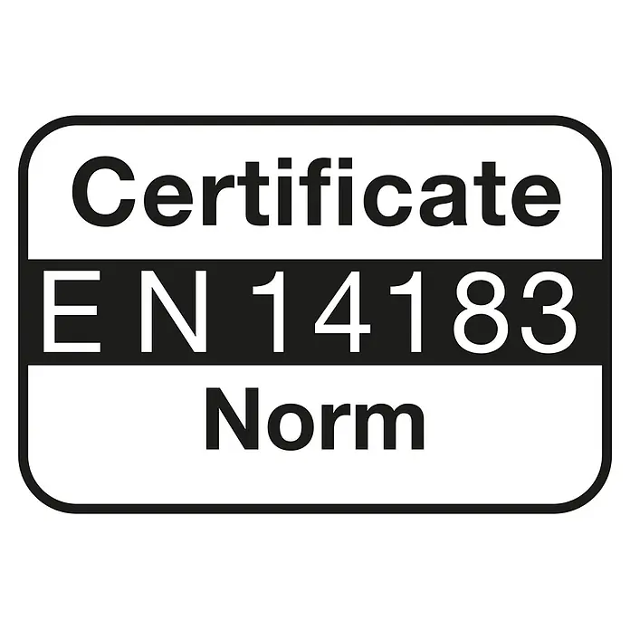 Krause Doppel-Klapptritt 2X4 Stufen - Anzahl Tritte: 8 Stk., Belastbarkeit: 225 kg, Aluminium - Weißes Schild mit schwarzem Rand und abgerundeten Ecken, Aufschrift 'Certificate EN 14183 Norm'.
