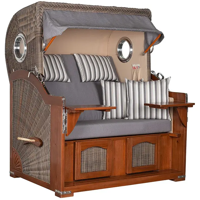 Mr. Deko Strandstuhl Strandkorb Düne Grande Bullauge Mahagoni PE Grey Dessin 544 - Teakholz. Polyrattan, Rückenlehne verstellbar, Grau, B x T x H: 142 x 95 x 170 cm - Brauner Rattan-Strandkorb aus dunklem Holz mit grauen Polstern, gestreiften Kissen, Bullaugen und ausklappbaren Beistelltischen.