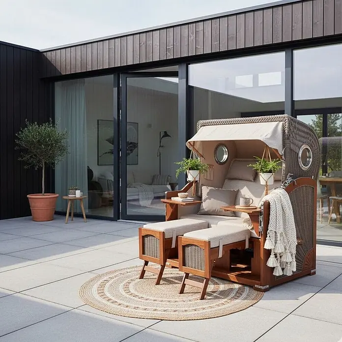 Mr. Deko Strandstuhl Strandkorb Düne Grande Bullauge Mahagoni PE Grey Dessin 510 - Teakholz. Polyrattan, Rückenlehne verstellbar, Beige - Brauner Strandkorb aus Korbgeflecht mit beigen Kissen und Fußhockern auf einer Terrasse.