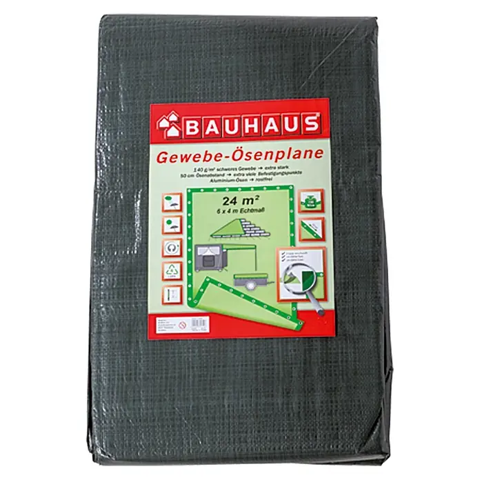 BAUHAUS Gewebe-Ösenplane - 6 x 4 m, 140 g/m², Kunststoff - Abgedecktes Bauhaus Gewebe-Ösenplane, 24 m², vielseitig einsetzbar, robust und wetterfest.