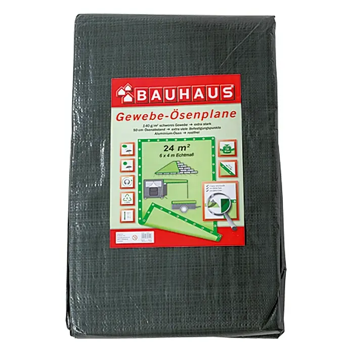 BAUHAUS Gewebe-Ösenplane - 6 x 4 m, 140 g/m², Kunststoff - Abgedecktes Bauhaus Gewebe-Ösenplane, 24 m², vielseitig einsetzbar, robust und wetterfest.