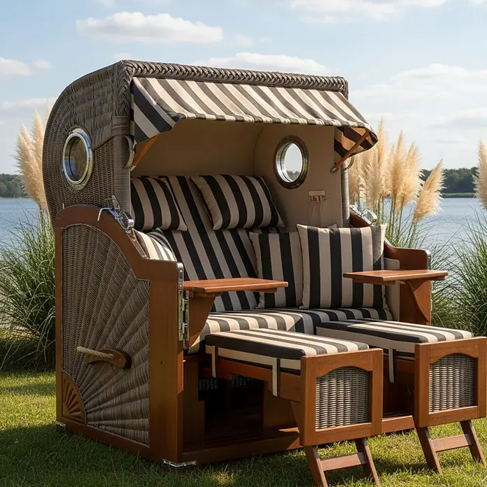 Mr. Deko Strandstuhl Strandkorb Düne Grande Bullauge Mahagoni PE Grey Dessin 581 - Teakholz. Polyrattan, Rückenlehne verstellbar, Braun, B x T x H: 142 x 95 x 170 cm - Strandkorb aus Korbgeflecht und Holz mit schwarz-beige gestreiften Polstern, Markise, Beistelltischen und Bullaugen.