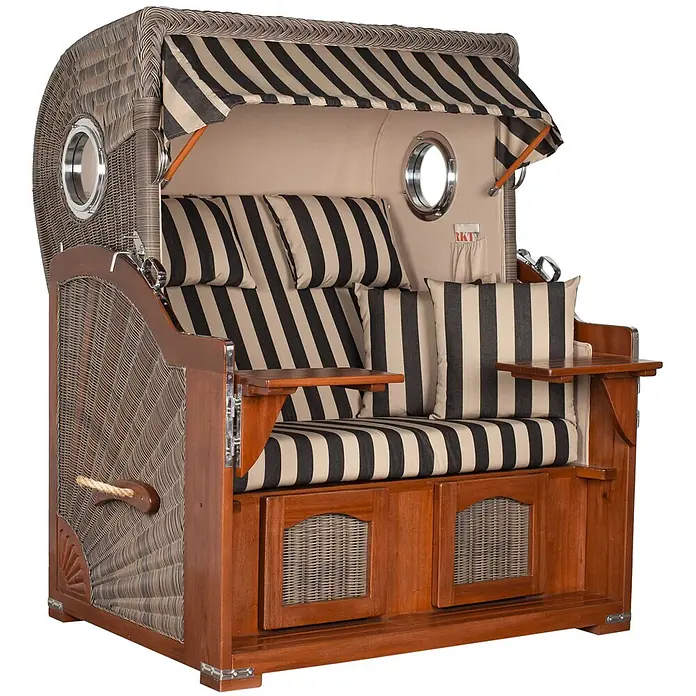 Mr. Deko Strandstuhl Strandkorb Düne Grande Bullauge Mahagoni PE Grey Dessin 581 - Teakholz. Polyrattan, Rückenlehne verstellbar, Braun, B x T x H: 142 x 95 x 170 cm - Eleganter Strandkorb mit dunkelbraunem Holzrahmen, schwarz-beigen Streifenkissen, Bullaugen und Seitenablagen.