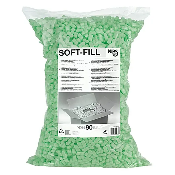 Füllmaterial für Haustierkäfige Soft-Fill - 90 l - Eine durchsichtige Plastiktüte gefüllt mit losen, grünen Verpackungschips der Marke SOFT-FILL zum Schutz zerbrechlicher Gegenstände beim Versand.