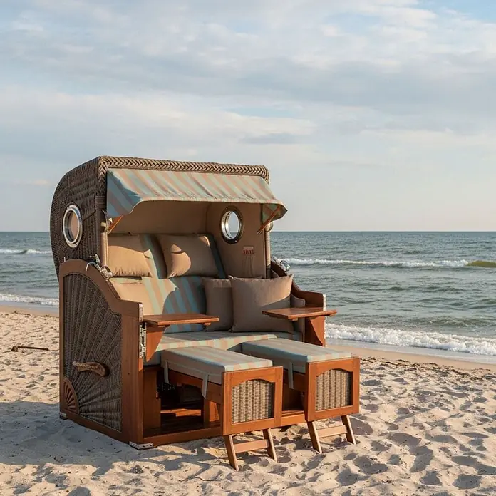 Mr. Deko Strandstuhl Strandkorb Düne Grande Bullauge Mahagoni PE Grey Dessin 520 - Teakholz. Polyrattan, Rückenlehne verstellbar, Grau, B x T x H: 142 x 95 x 170 cm - Ein traditioneller brauner Strandkorb aus Korbgeflecht mit hellem Holz, gestreiften Polstern und ausziehbaren Fußstützen steht am Sandstrand.
