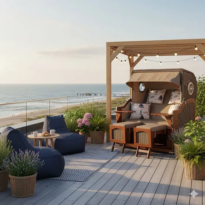 Mr. Deko Strandstuhl Strandkorb Düne Grande Bullauge Mahagoni PE Grey Dessin 540 - Teakholz. Polyrattan, Rückenlehne verstellbar, Braun - Strandkorb mit zwei marineblauen Sitzsäcken und einem Holztisch auf einer Terrasse mit Meerblick, dekoriert mit Topfpflanzen.