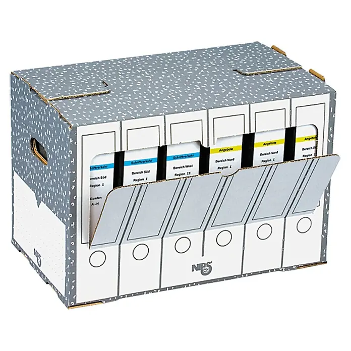 Ordner-Archiv-Box - Wellkarton, 50,5 x 30 x 33,5 cm - Eine graue Archivbox mit mehreren Ordnern, beschriftet mit verschiedenen Kategorien für eine strukturierte Büroorganisation.