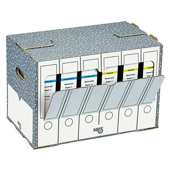 Ordner-Archiv-Box - Wellkarton, 50,5 x 30 x 33,5 cm - Eine graue Archivbox mit mehreren Ordnern, beschriftet mit verschiedenen Kategorien für eine strukturierte Büroorganisation.