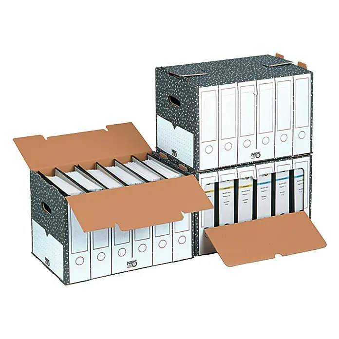 Ordner-Archiv-Box - Wellkarton, 50,5 x 30 x 33,5 cm - Gestapelte Archivboxen mit Ordnern in verschiedenen Ausführungen. Für die Büroorganisation und Dokumentenablage.