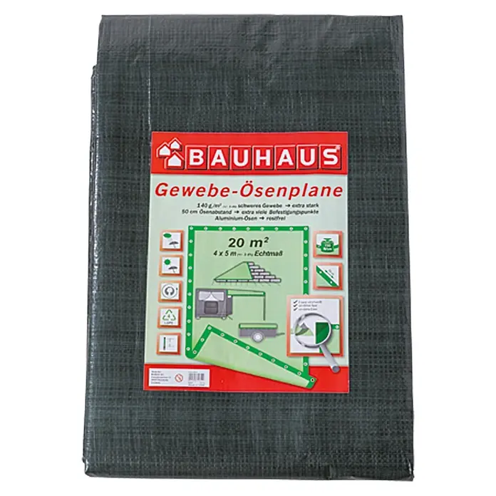 BAUHAUS Gewebe-Ösenplane - 5 x 4 m, 140 g/m², Kunststoff - Eine Plane von Bauhaus, die 20 m² groß ist und aus robustem Gewebe mit Aluminiumösen für eine sichere Befestigung besteht.