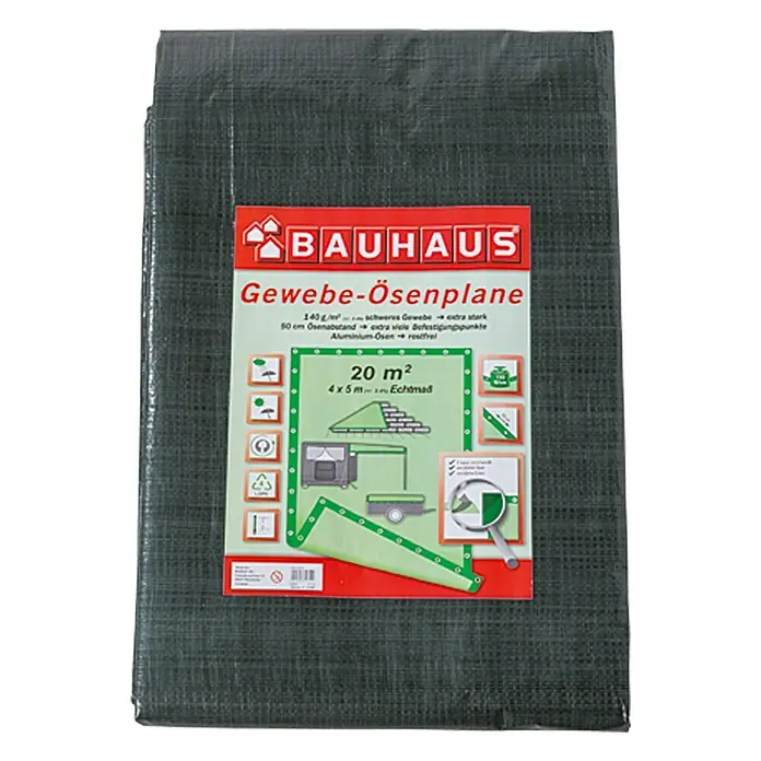 BAUHAUS Gewebe-Ösenplane - 5 x 4 m, 140 g/m², Kunststoff - Eine Plane von Bauhaus, die 20 m² groß ist und aus robustem Gewebe mit Aluminiumösen für eine sichere Befestigung besteht.