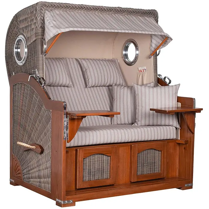 Mr. Deko Strandstuhl Strandkorb Düne Grande Bullauge Mahagoni PE Grey Dessin 501 - Teakholz. Polyrattan, Rückenlehne verstellbar, Taupe, B x T x H: 142 x 95 x 170 cm - Geflecht- und Holz-Strandkorb mit gestreiften beigen Kissen, Bullaugen, ausziehbaren Beistelltischen und Stauraum.