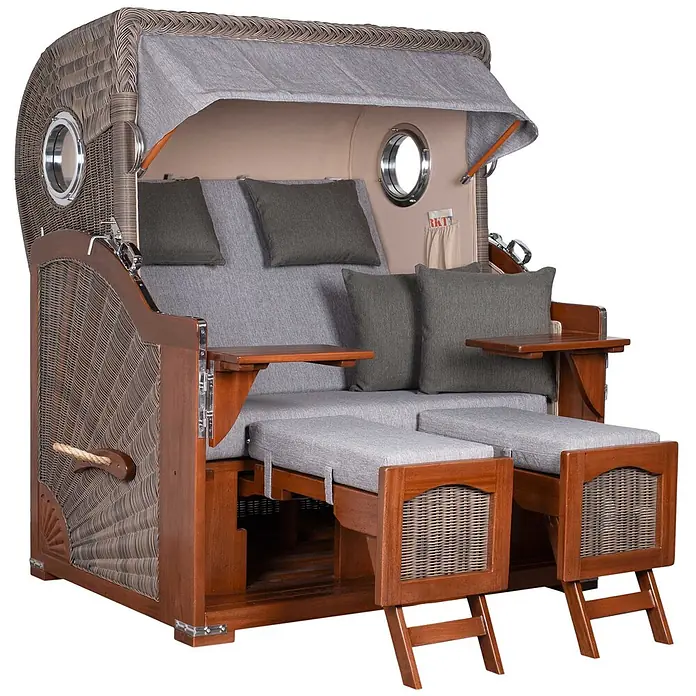 Mr. Deko Strandstuhl Strandkorb Düne Grande Bullauge Mahagoni PE Grey Dessin 570 - Teakholz. Polyrattan, Rückenlehne verstellbar, Grau, B x T x H: 142 x 95 x 170 cm - Strandkorb aus Rattan und Holz mit grauen Polstern, Markise, Beistelltischen und ausziehbaren Fußteilen.