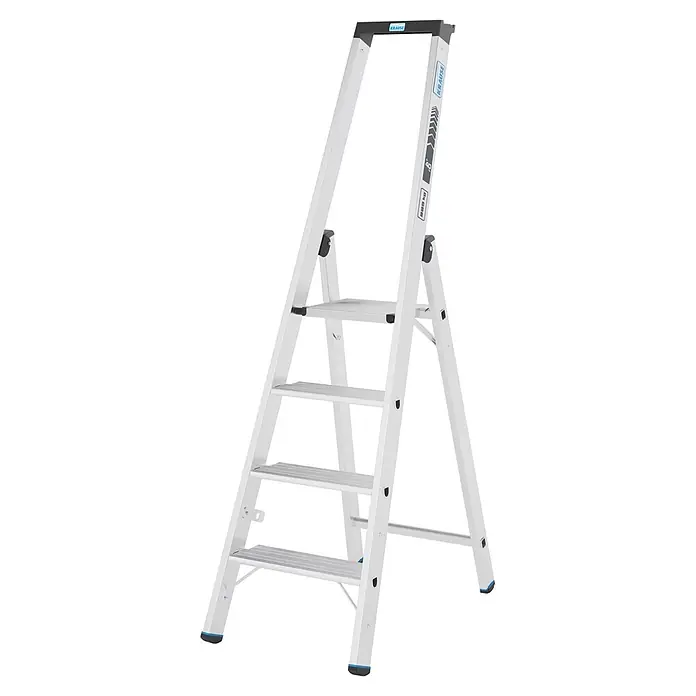Krause Stehleiter XL 1x4 - Anzahl Tritte: 4 Stk., Arbeitshöhe: 180 cm, Belastbarkeit: 225 kg, Aluminium - Faltbare Aluminium-Stehleiter mit vier Stufen und einer Plattform, in Silber mit schwarzen und blauen Details.
