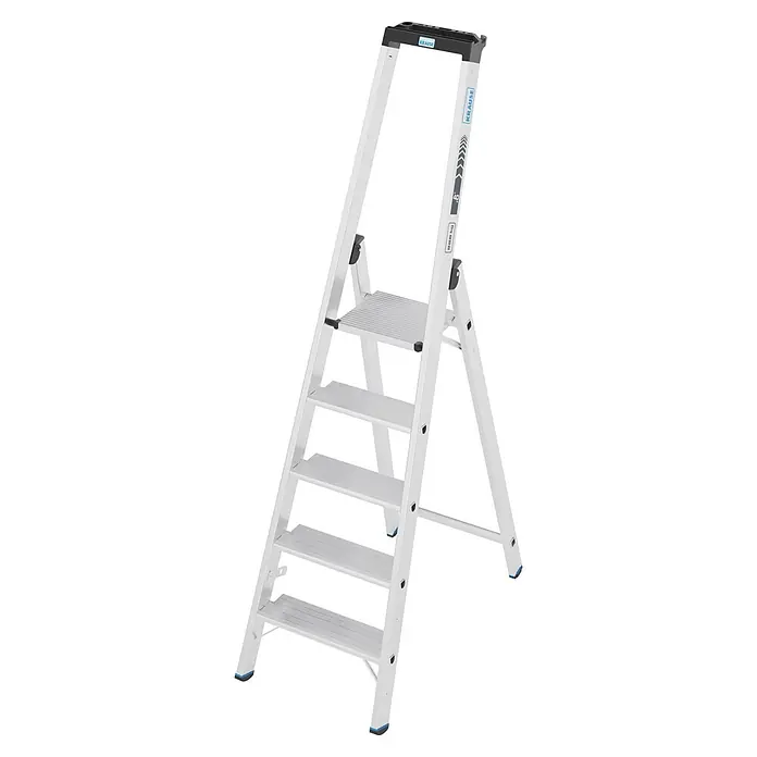 Krause Stehleiter XL 1x5 - Anzahl Tritte: 5 Stk., Arbeitshöhe: 205 cm, Belastbarkeit: 225 kg, Aluminium - Eine silberne Aluminium-Klapptrittleiter mit vier breiten Stufen und schwarzem Handlauf, geeignet für Haushalt oder Beruf.