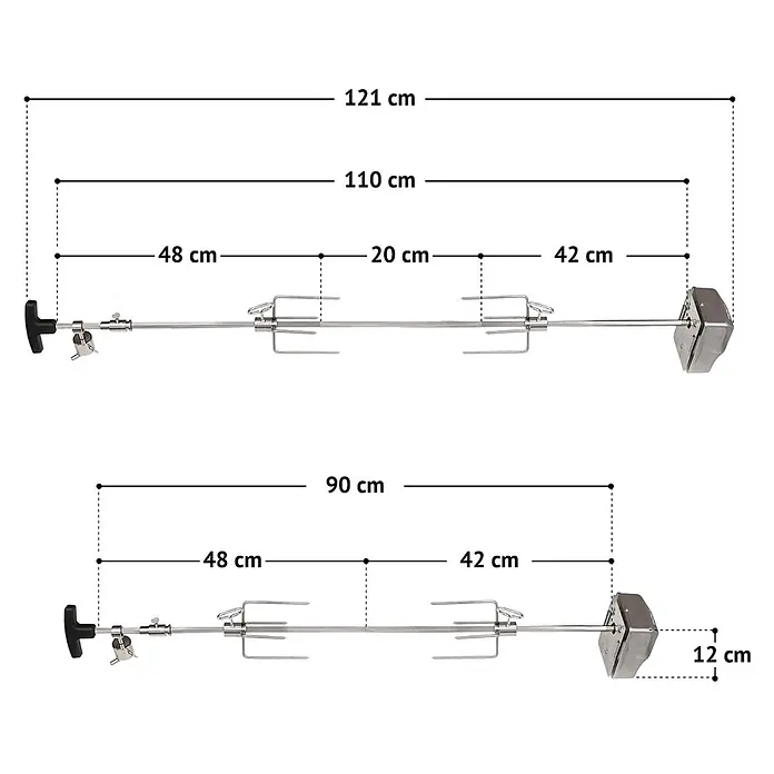 TAINO Drehspieß - Länge: 110 cm, Passend für: TAINO PLATINUM, PLATINUM YAMARA und TAINO BLACK 4 und 6 Brenner - Metall-Rotisseriespieße mit Gabelaufsätzen und Maßen: 121/110 cm (oben) und 90 cm (unten).