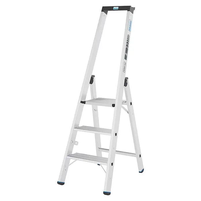 Krause Stehleiter XL 1x3 - Anzahl Tritte: 3 Stk., Arbeitshöhe: 160 cm, Belastbarkeit: 225 kg, Aluminium - KRAUSE silberne Aluminium-Klappleiter mit 3 breiten, rutschfesten Stufen, schwarzem Griff und blauen Anti-Rutsch-Füßen, 225 kg Tragkraft.