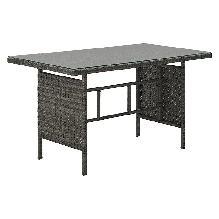 SVITA Loungemöbel-Set MONROE - 4 -tlg., Polyrattan, Grau - Rechteckiger dunkelgrauer Rattan-Bartisch mit klarer Glasplatte, geflochtenem Gestell und integrierten Fußstützen.