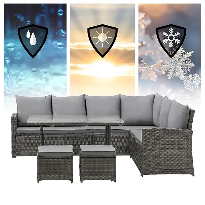 SVITA Loungemöbel-Set MONROE - 4 -tlg., Polyrattan, Grau - Graue Rattan-Gartenmöbelgarnitur mit Ecksofa, Glastisch und zwei Hockern, mit Allwetterschutz (wasserdicht, UV, frostsicher).