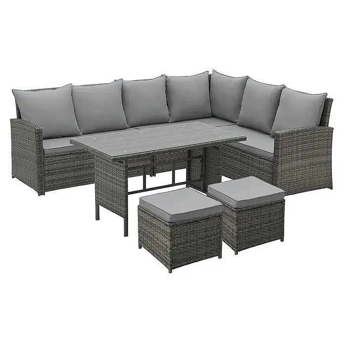 SVITA Loungemöbel-Set MONROE - 4 -tlg., Polyrattan, Grau - Graues Rattan-Ecksofa-Set mit passenden Kissen, einem Esstisch mit Glasplatte und zwei Hockern.