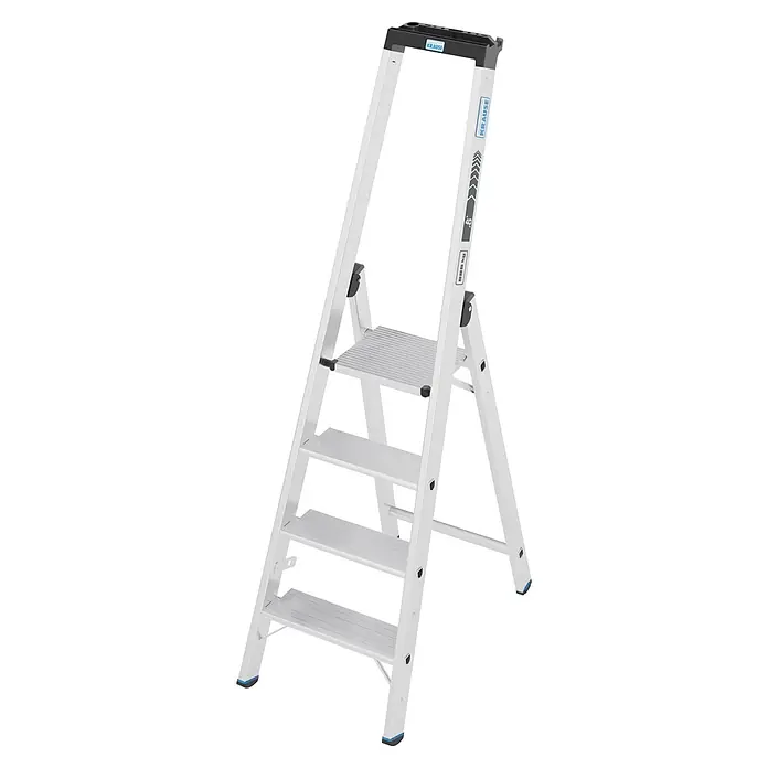 Krause Stehleiter XL 1x4 - Anzahl Tritte: 4 Stk., Arbeitshöhe: 180 cm, Belastbarkeit: 225 kg, Aluminium - Silberne Aluminium-Stehleiter mit schwarzer Ablageschale und blauen rutschfesten Füßen, mit mehreren breiten Stufen.