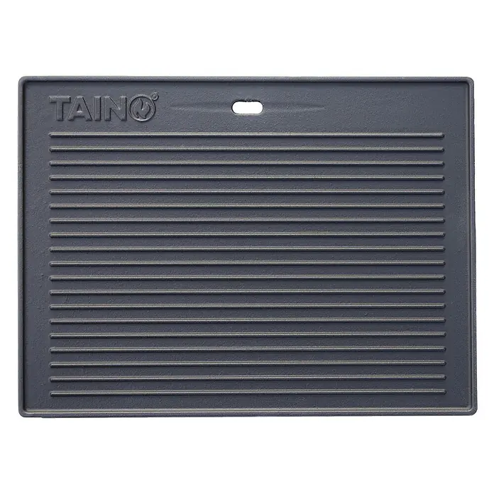 TAINO Grillplatte - L x B: 31 x 42 cm, Gusseisen - Dunkelgraue gusseiserne Grillplatte mit gerippter Oberfläche und TAINO-Logo.
