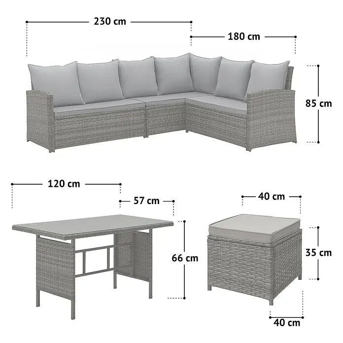 SVITA Loungemöbel-Set MONROE - 4 -tlg., Polyrattan, Grau - Graues Rattan-Ecksofa, Glastisch und Hocker. Gartenmöbel-Set mit Maßen.