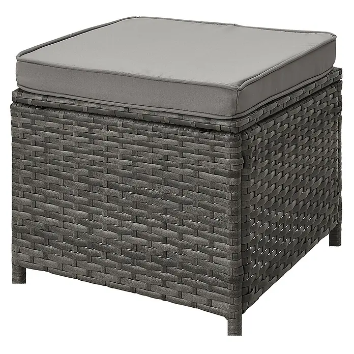 SVITA Loungemöbel-Set MONROE - 4 -tlg., Polyrattan, Grau - Dunkelgrauer Outdoor-Rattan-Hocker mit hellgrauem Kissen.