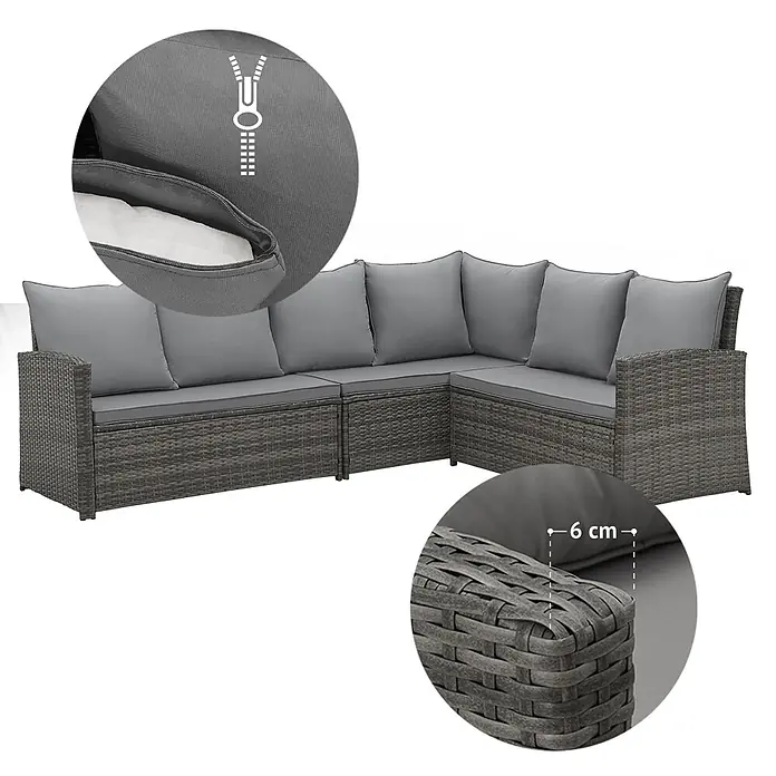 SVITA Loungemöbel-Set MONROE - 4 -tlg., Polyrattan, Grau - Graue Rattan-Ecksofa mit 6 cm dicken grauen Kissen und Reißverschlüssen zur einfachen Pflege.