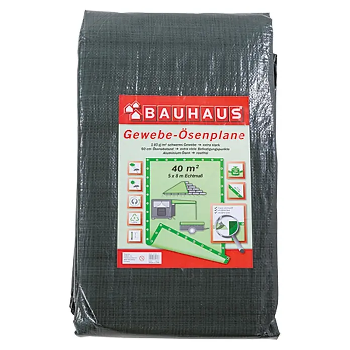 BAUHAUS Gewebe-Ösenplane - 8 x 5 m, 140 g/m², Kunststoff - Eine grüne, verpackte BAUHAUS Gewebe-Ösenplane, ideal zum Abdecken und Schützen im Außenbereich.