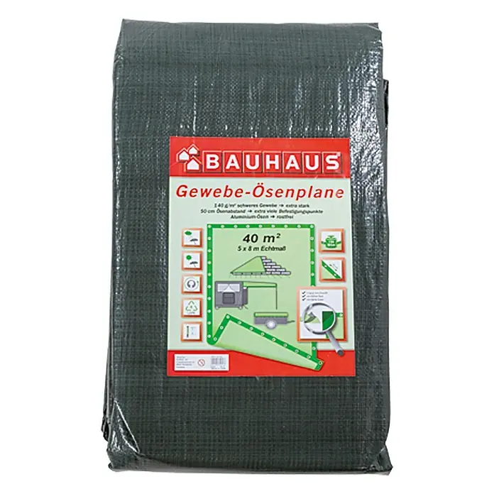BAUHAUS Gewebe-Ösenplane8 x 5 m, 140 g/m², Kunststoff - Eine grüne, verpackte BAUHAUS Gewebe-Ösenplane, ideal zum Abdecken und Schützen im Außenbereich.