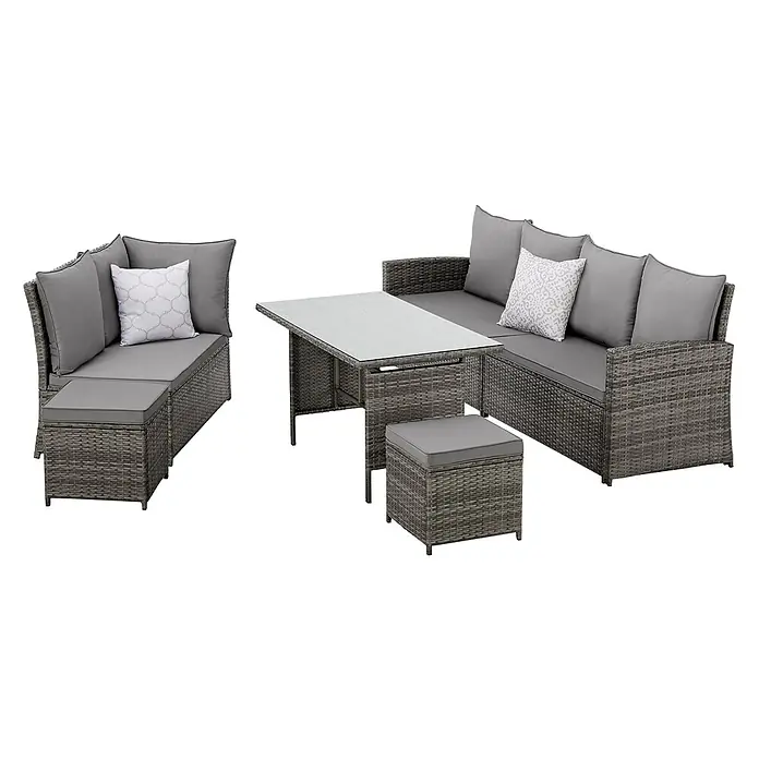 SVITA Loungemöbel-Set MONROE - 4 -tlg., Polyrattan, Grau - Graues Rattan-Gartenmöbel-Set mit L-förmigem Sofa, Glastisch und Ottoman, alle mit grauen Kissen.