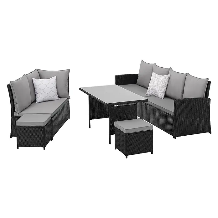 SVITA Loungemöbel-Set MONROE - 4 -tlg., Polyrattan, Schwarz - Schwarze Rattan-Gartensofa-Gruppe mit grauen Kissen, Glastisch und Hocker.