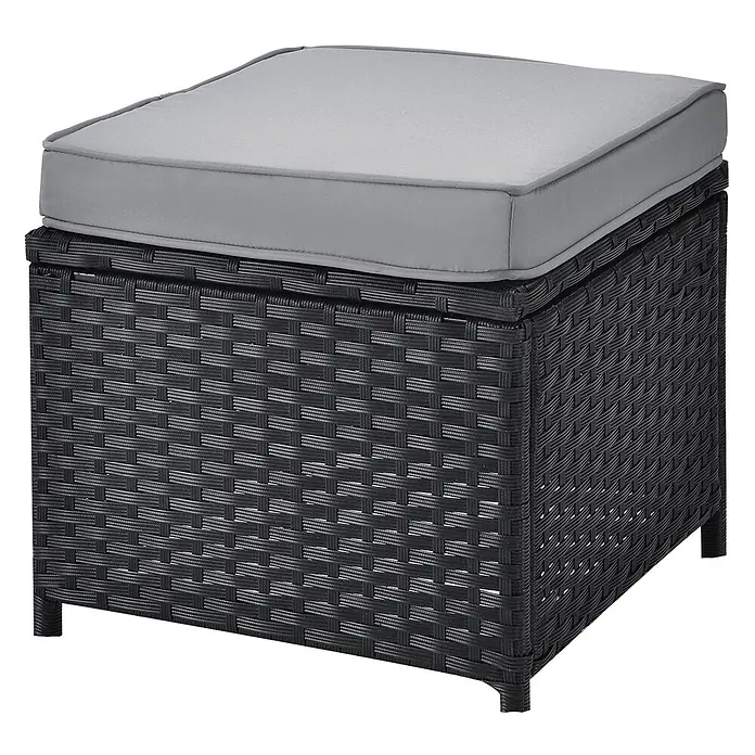 SVITA Loungemöbel-Set MONROE - 4 -tlg., Polyrattan, Schwarz - Schwarzer Rattan-Hocker mit weichem grauen Kissen für draußen.